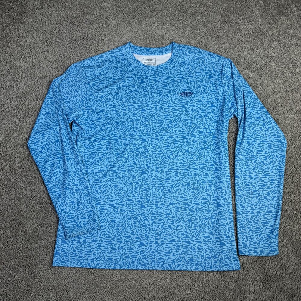 AFTCO Shirt Mens S Blue Fish School Graphic Crew Neck Polyester Long Sleeve